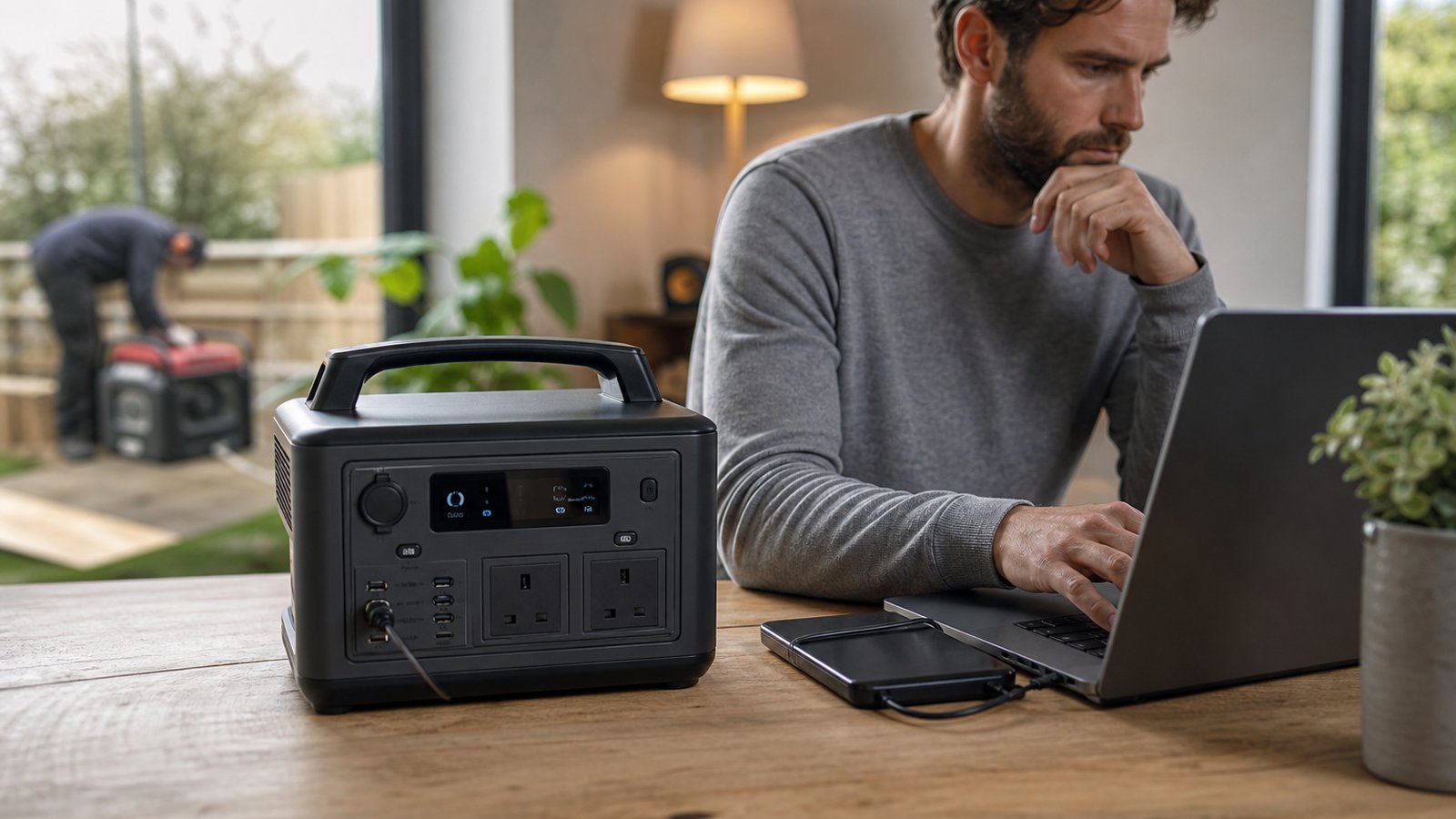 Portable LiFePO power station in a clean UK lifestyle scene